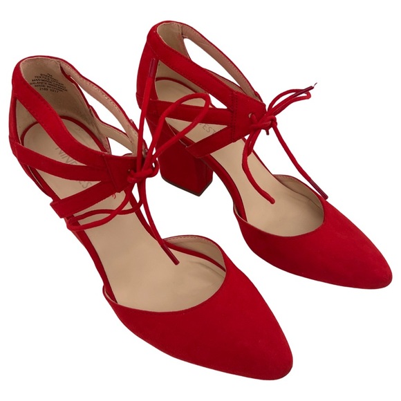 NINE WEST • Bright Red Stefani Suede Strappy Pointed Toe Block High Heels - Picture 11 of 14
